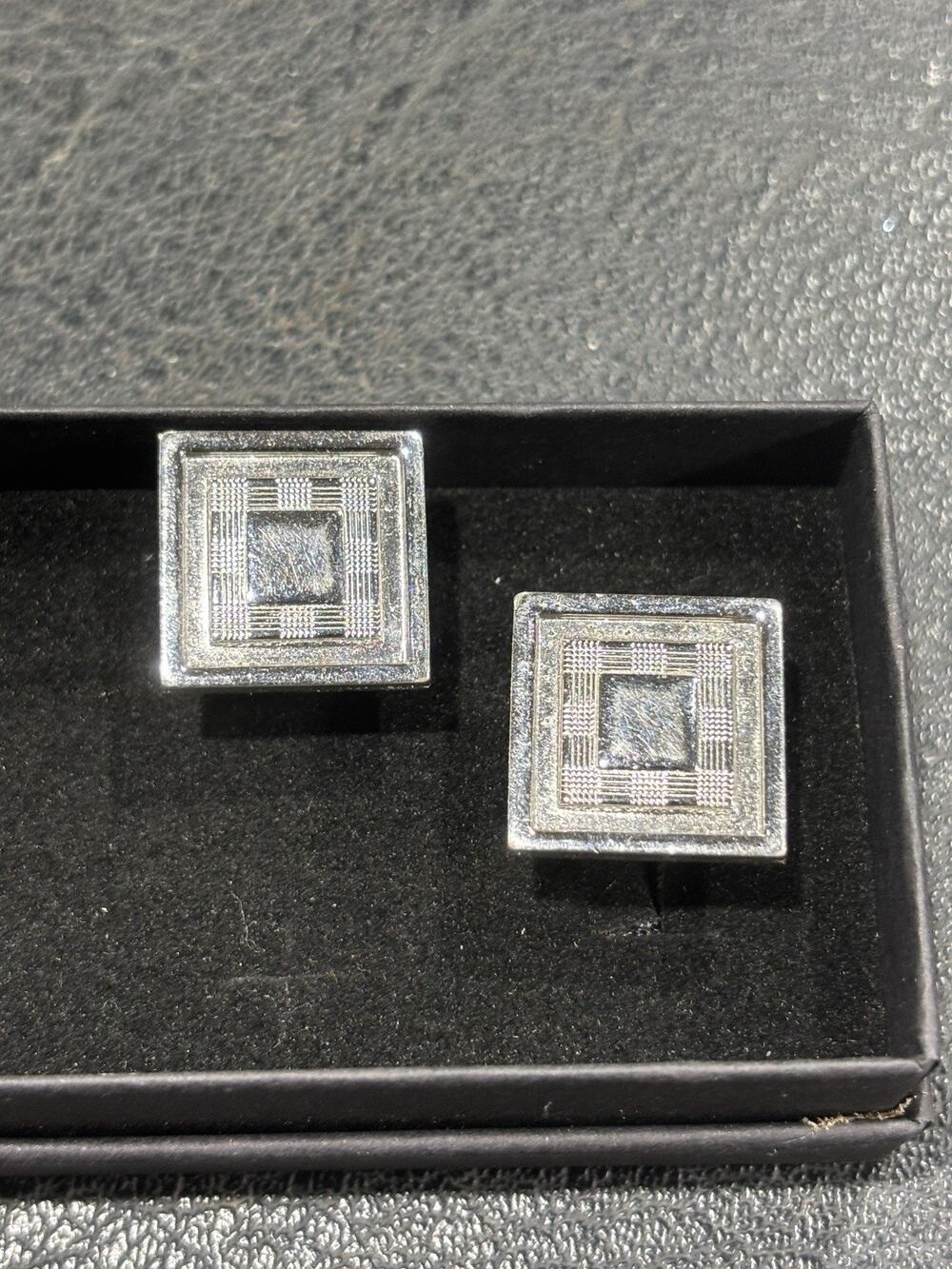 Vintage Mid Century Silver Tone Geometric Cufflinks Mens Formal Jewelry With Box